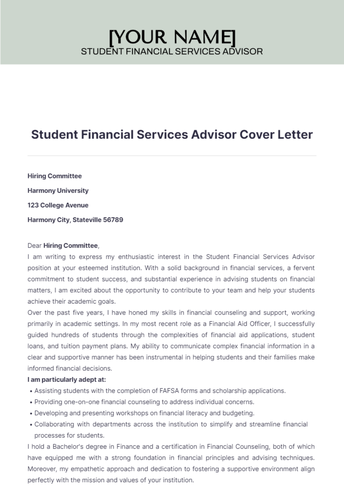 Student Financial Services Advisor Cover Letter