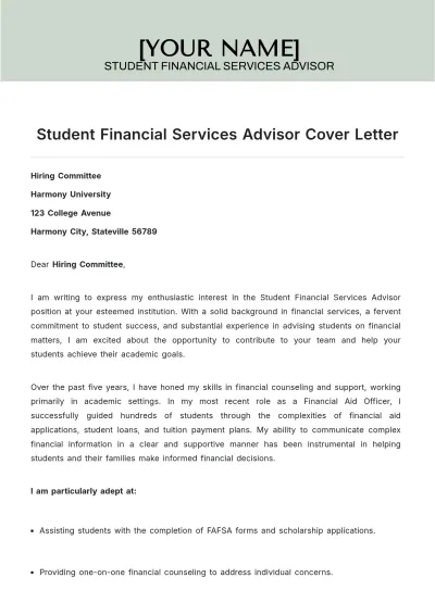 Free Student Financial Services Advisor Cover Letter to Edit Online