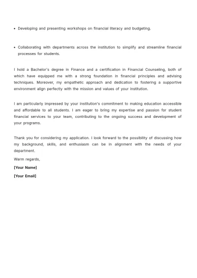 Free Student Financial Services Advisor Cover Letter to Edit Online