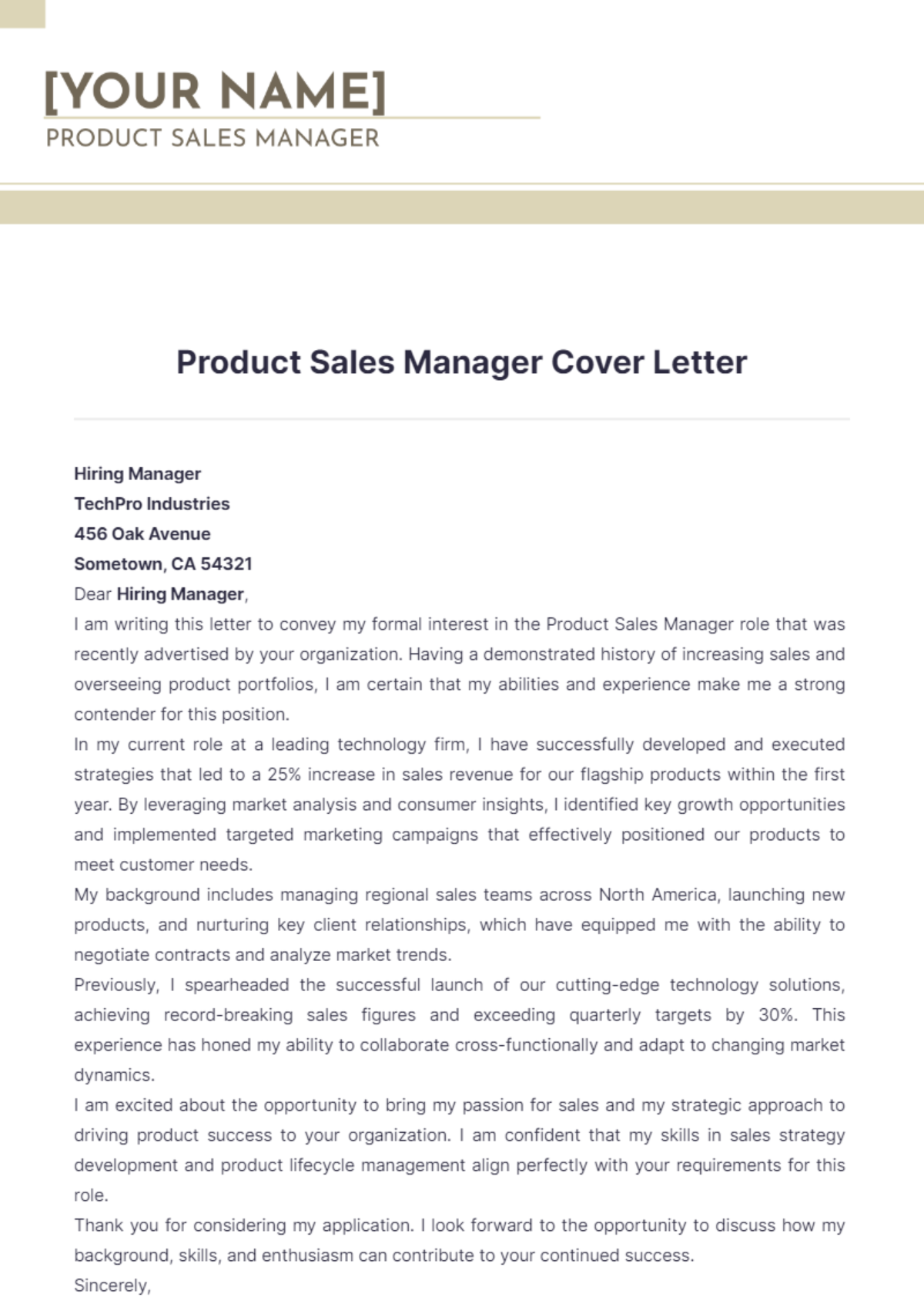 Product Sales Manager Cover Letter - Edit Online & Download