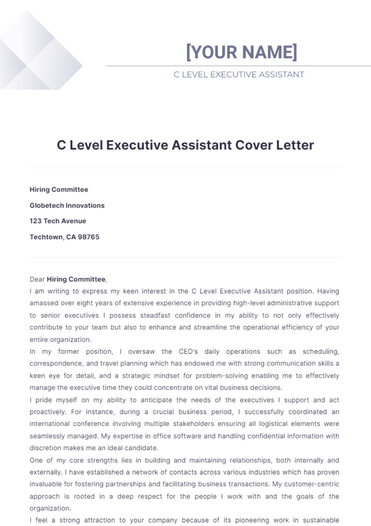 C Level Executive Assistant Cover Letter - Edit Online & Download