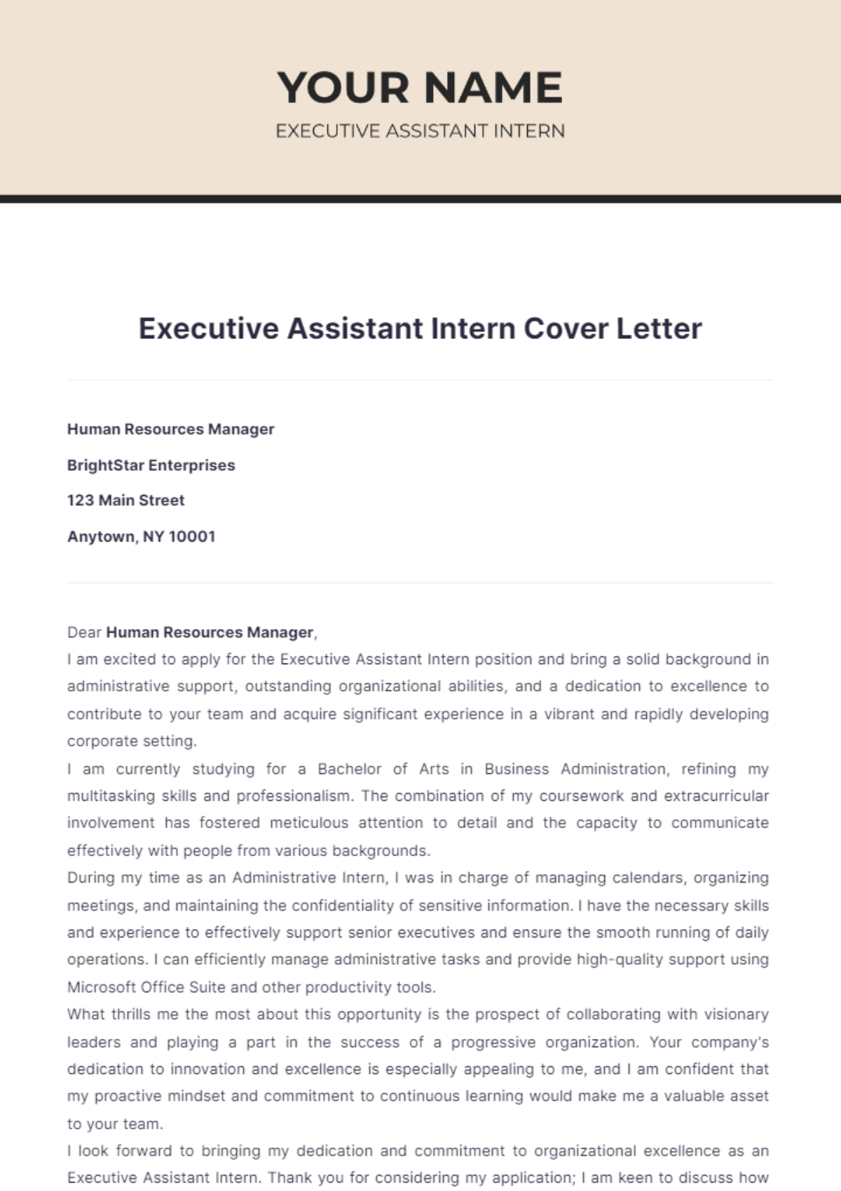 Executive Assistant Intern Cover Letter - Edit Online & Download