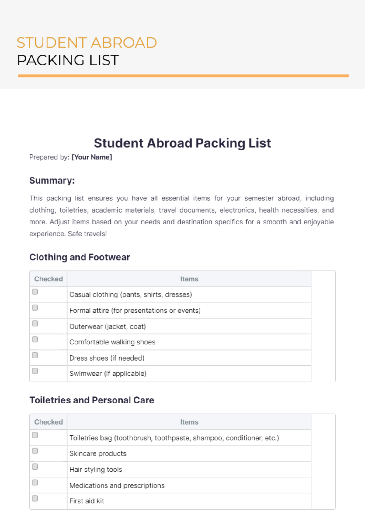 Study Abroad Packing List Template - Edit Online & Download