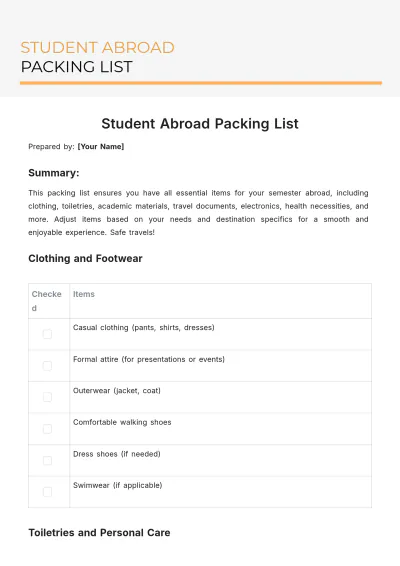 Free Study Abroad Packing List Template to Edit Online