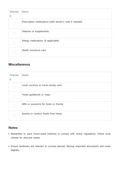 Free Study Abroad Packing List Template to Edit Online