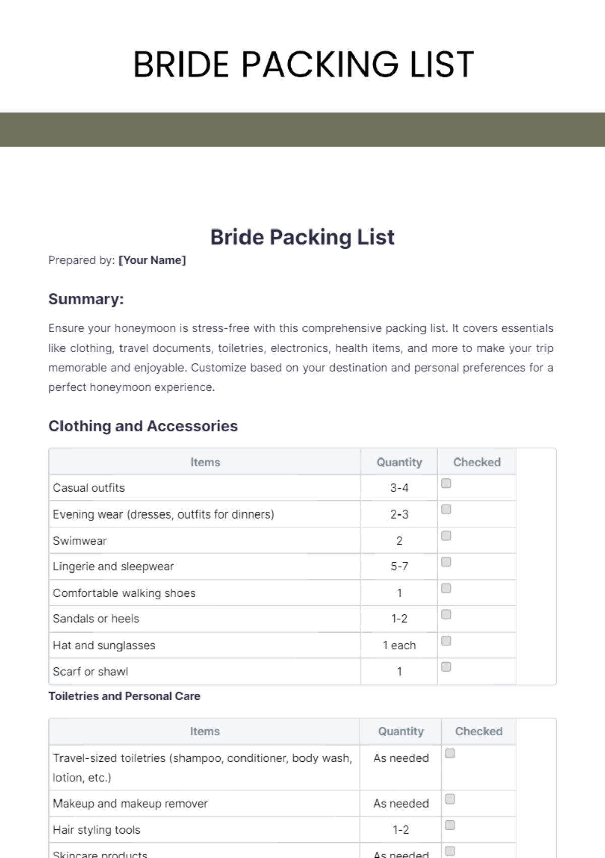 Bride Packing List Template - Edit Online & Download