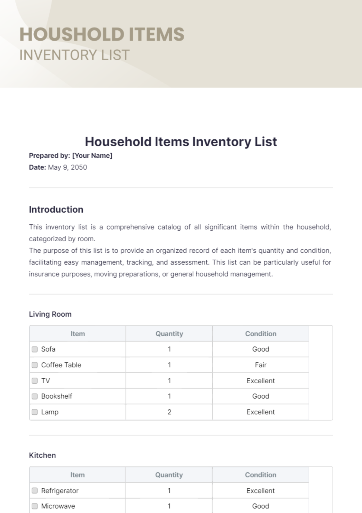 Household Items Inventory List Template - Edit Online & Download