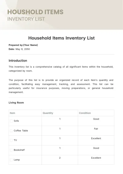 Free Household Items Inventory List Template to Edit Online