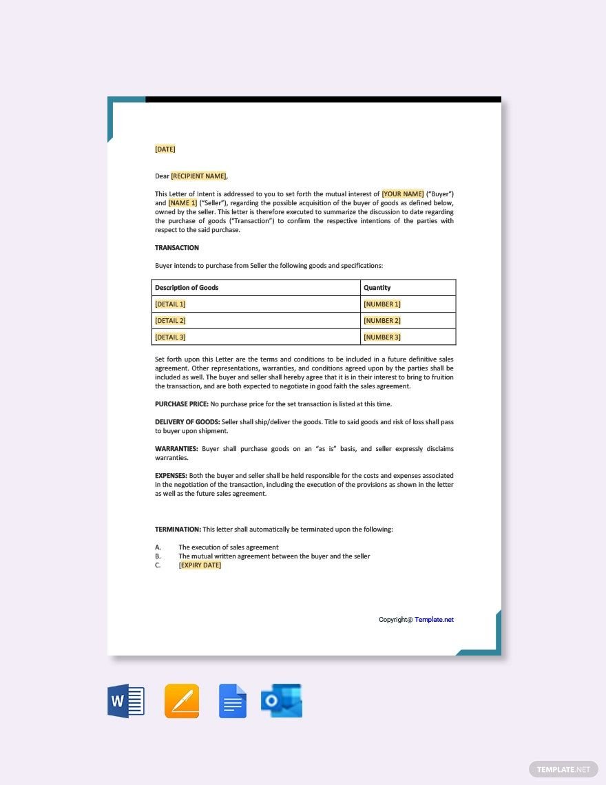 Letter of Intent to Purchase Goods Template