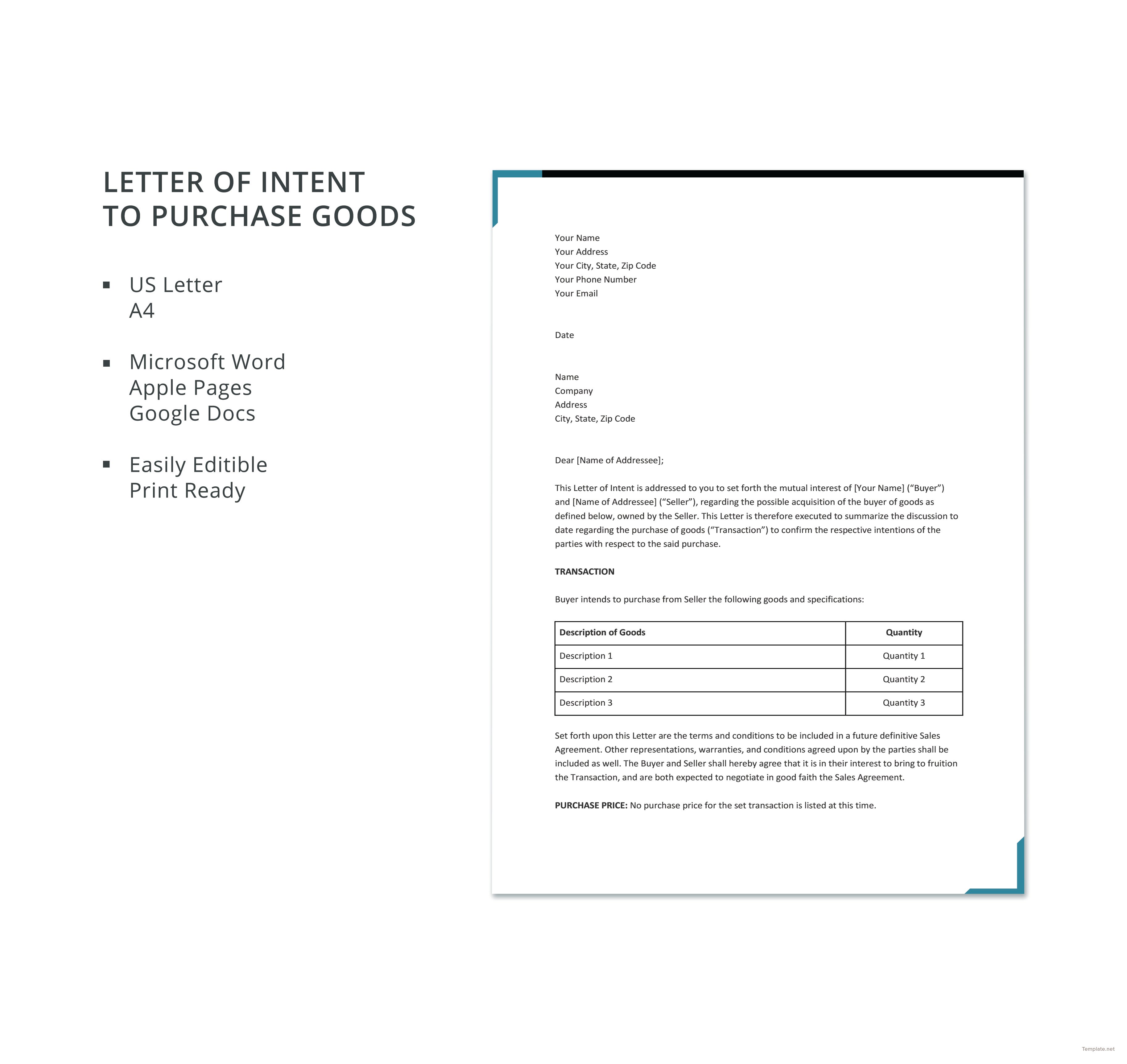 Letter of Intent to Purchase Goods Template in Microsoft Word, Apple
