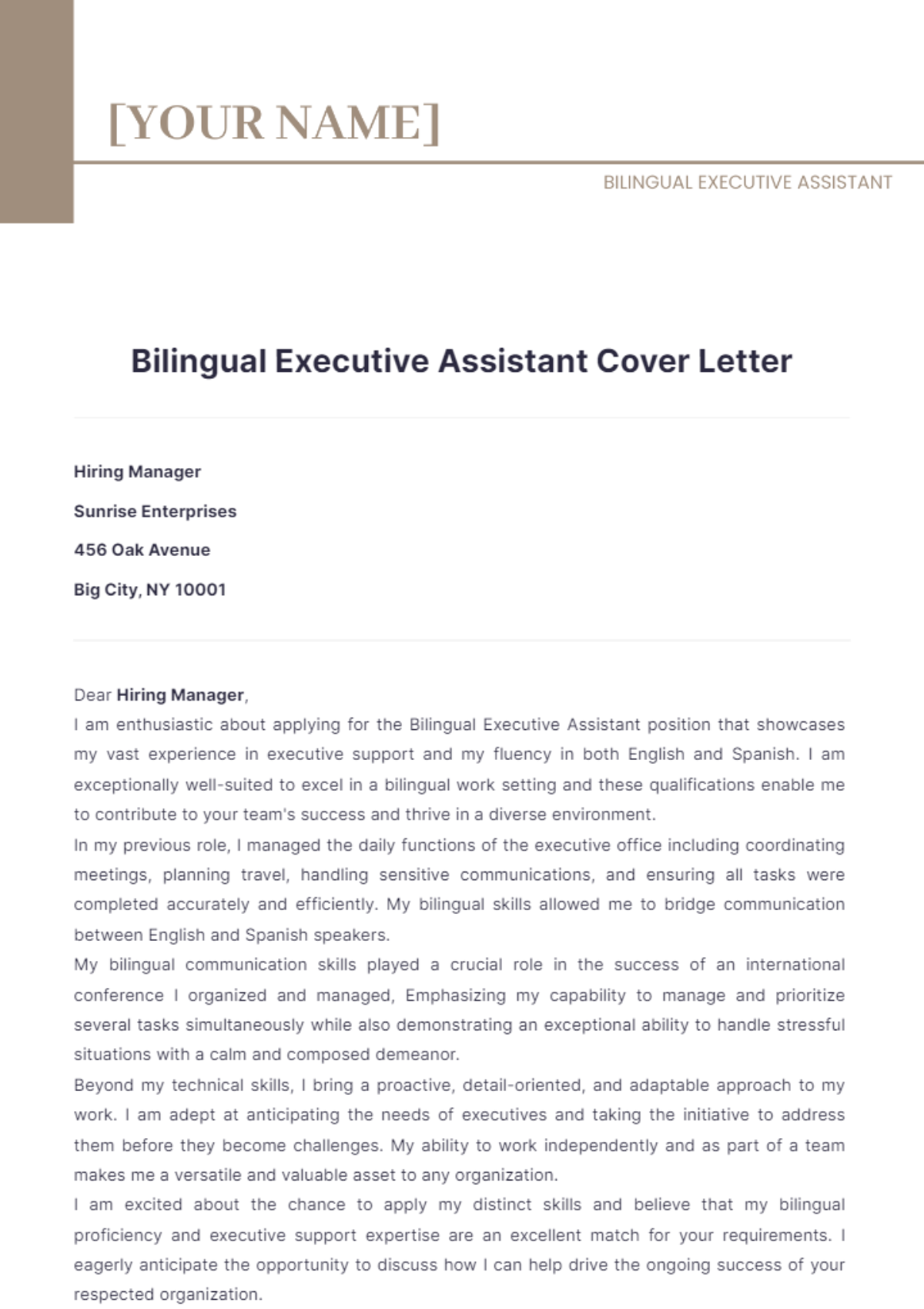 Bilingual Executive Assistant Cover Letter - Edit Online & Download