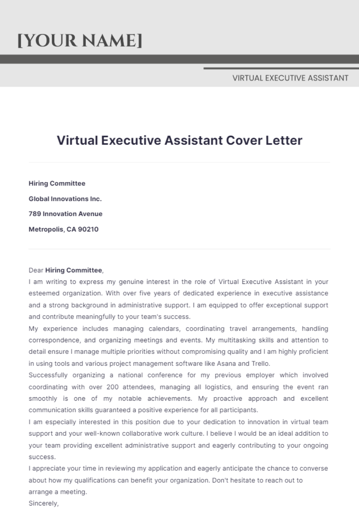 Virtual Executive Assistant Cover Letter - Edit Online & Download