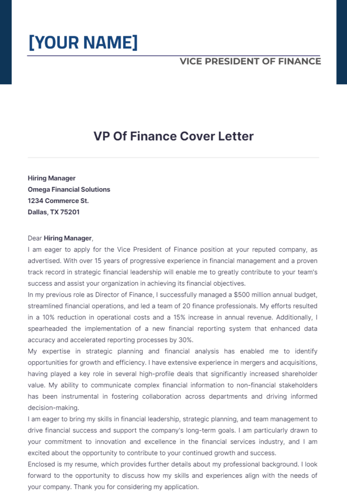 VP Of Finance Cover Letter - Edit Online & Download