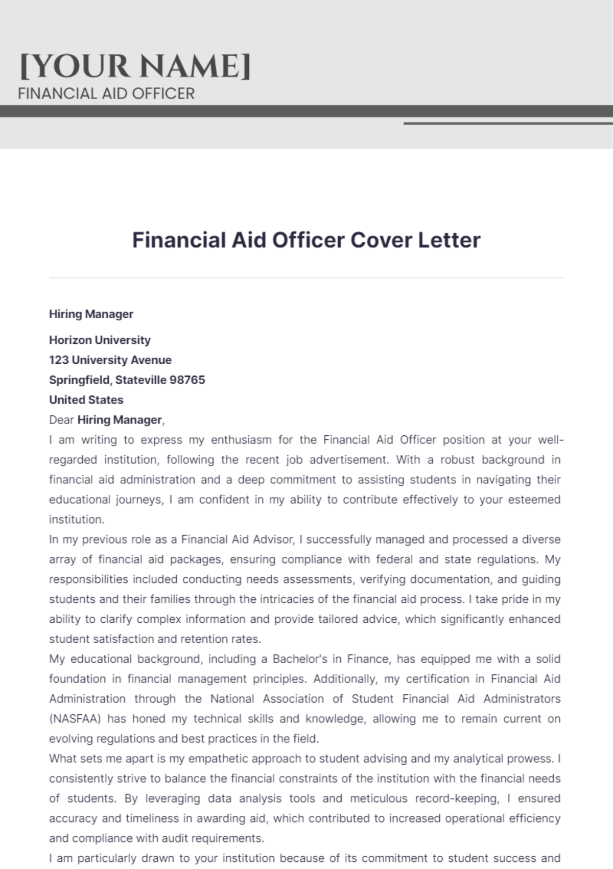 Financial Aid Officer Cover Letter