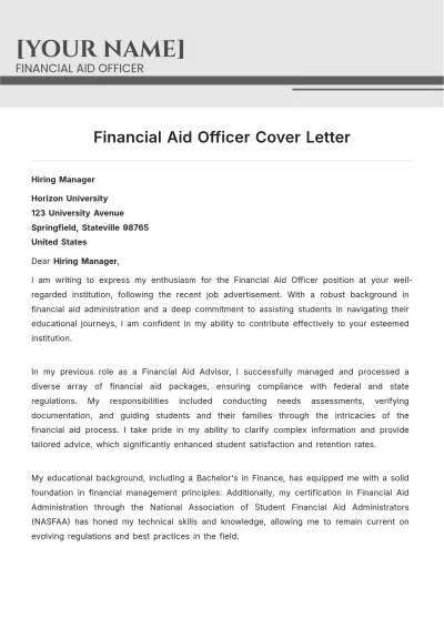Free Financial Aid Officer Cover Letter to Edit Online