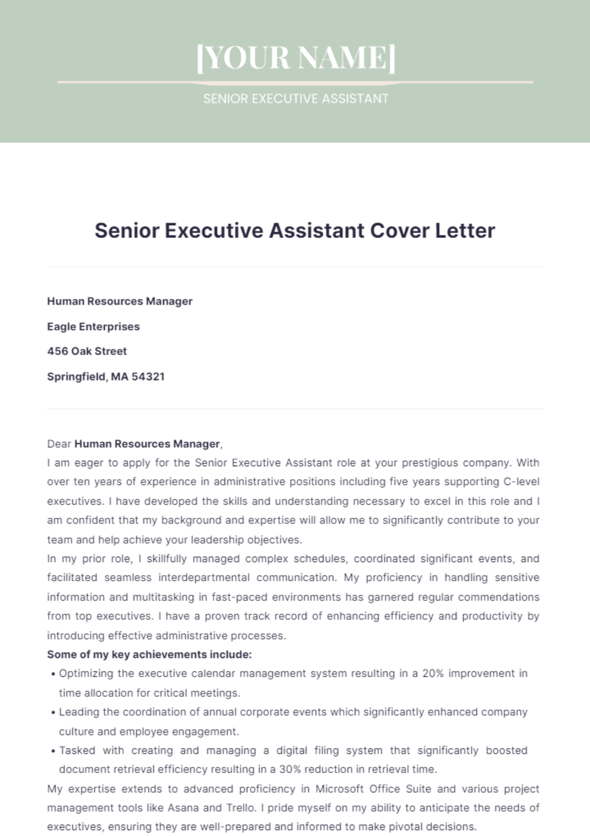 Senior Executive Assistant Cover Letter - Edit Online & Download