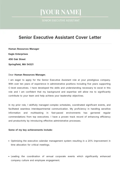 Free Senior Executive Assistant Cover Letter to Edit Online
