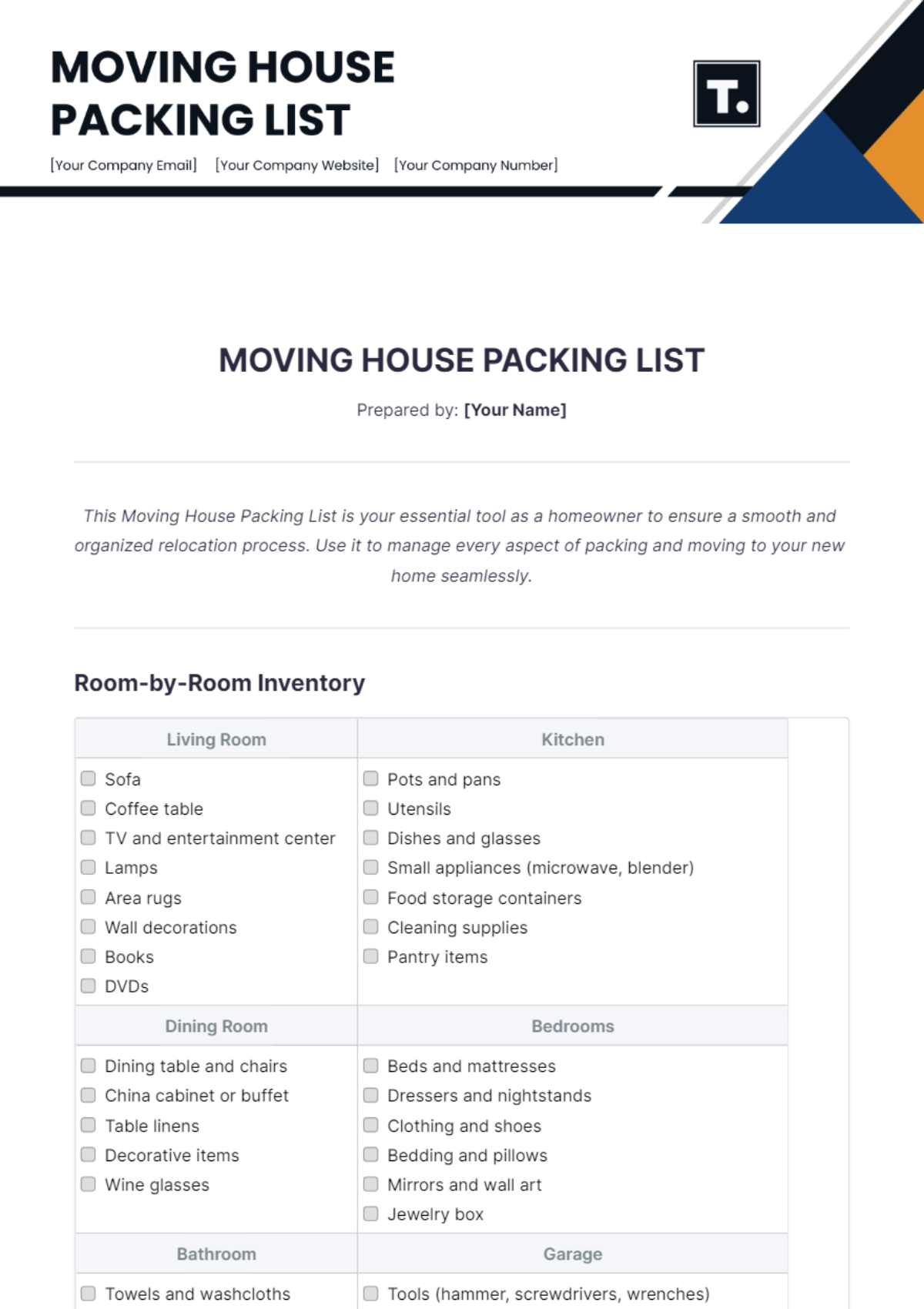 Moving House Packing List Template - Edit Online & Download