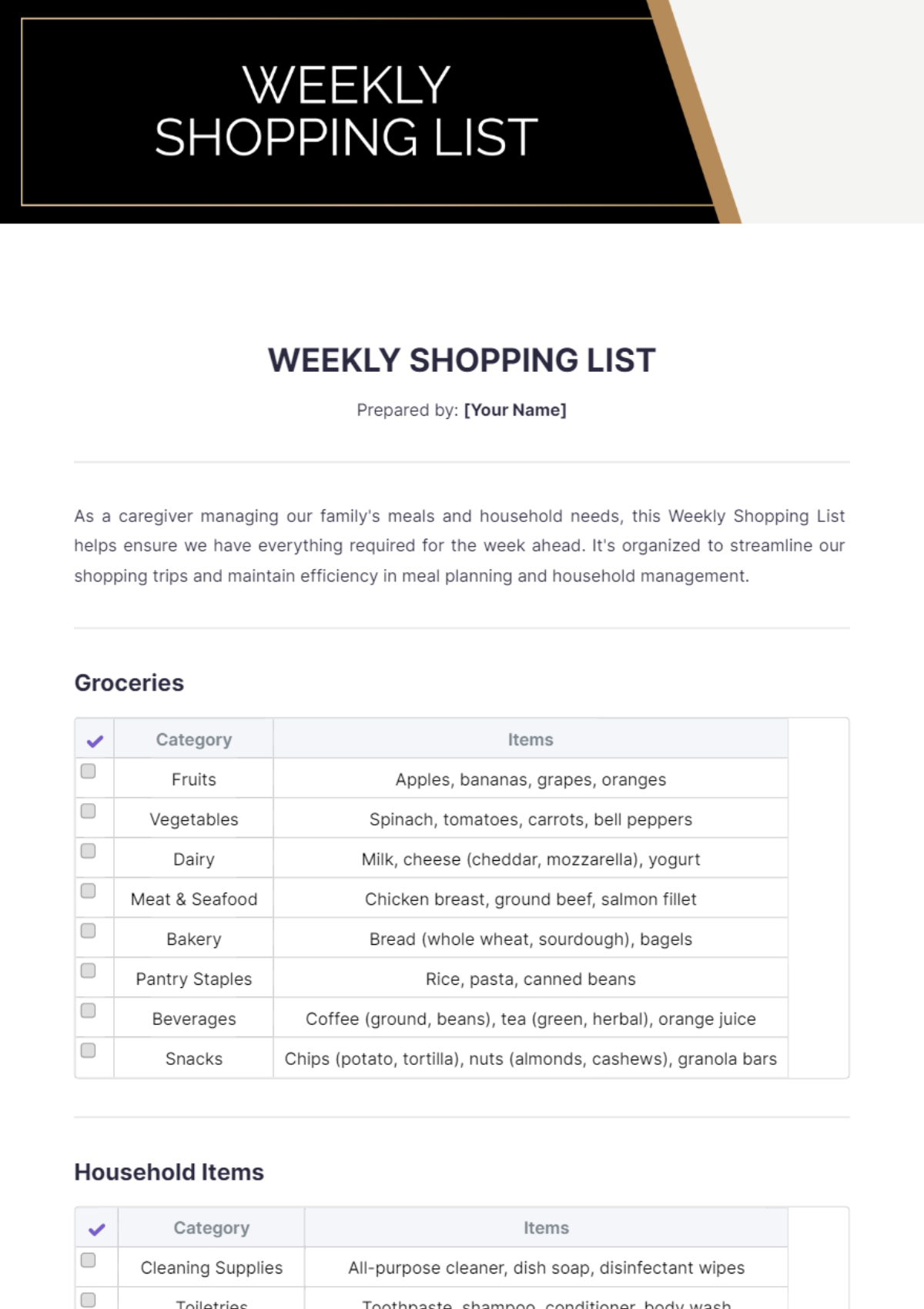 Weekly Shopping List Template - Edit Online & Download