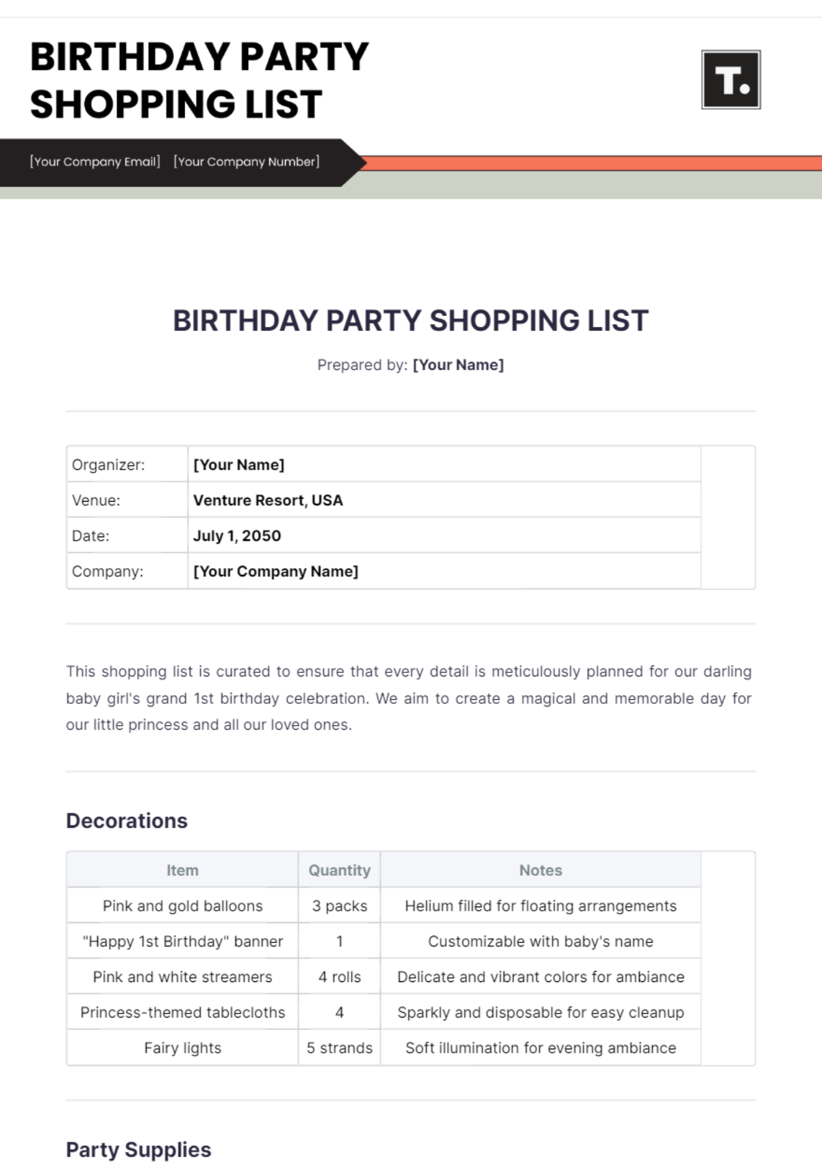 Birthday Party Shopping List Template - Edit Online & Download