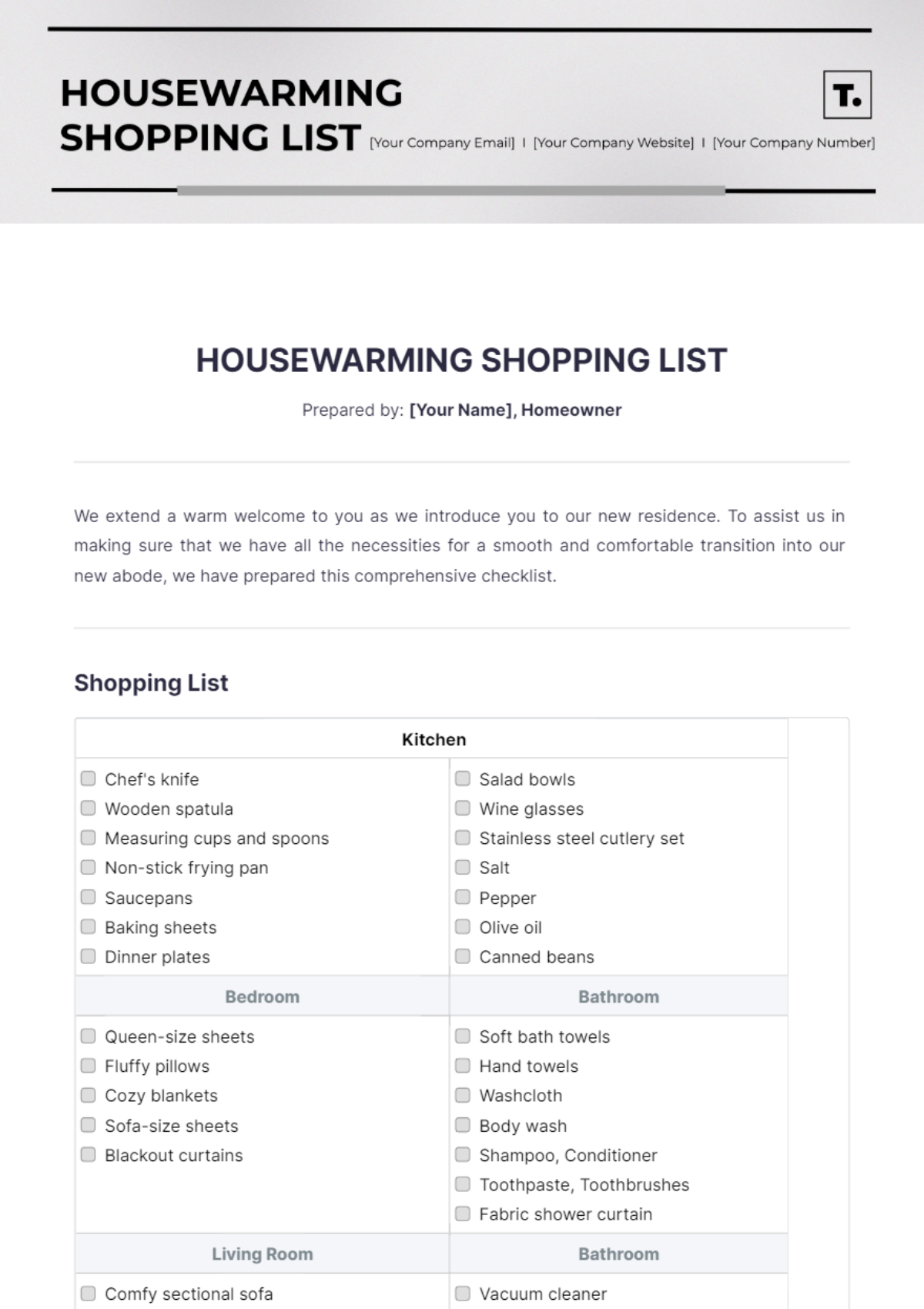 Housewarming Shopping List Template - Edit Online & Download