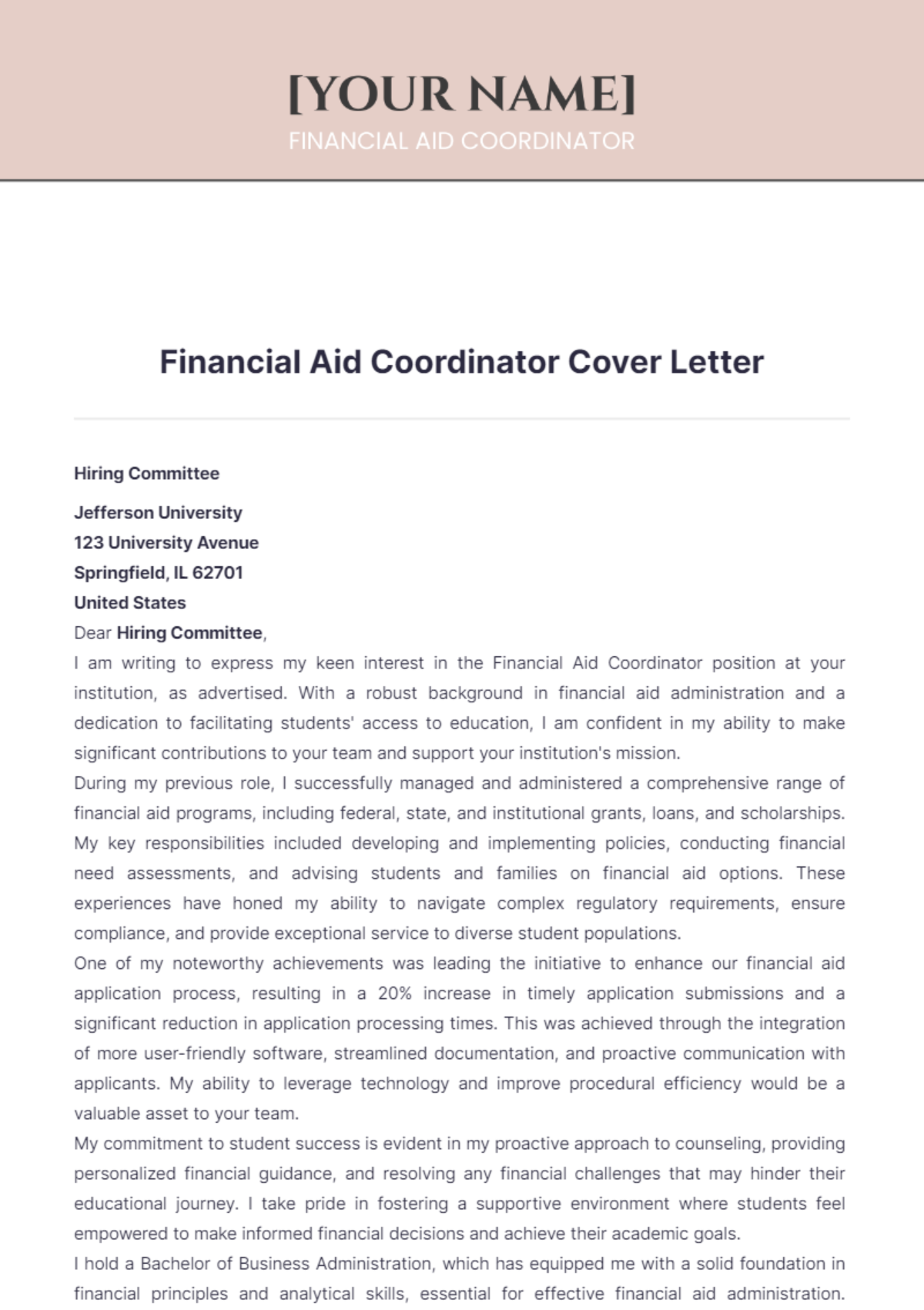 Financial Aid Coordinator Cover Letter