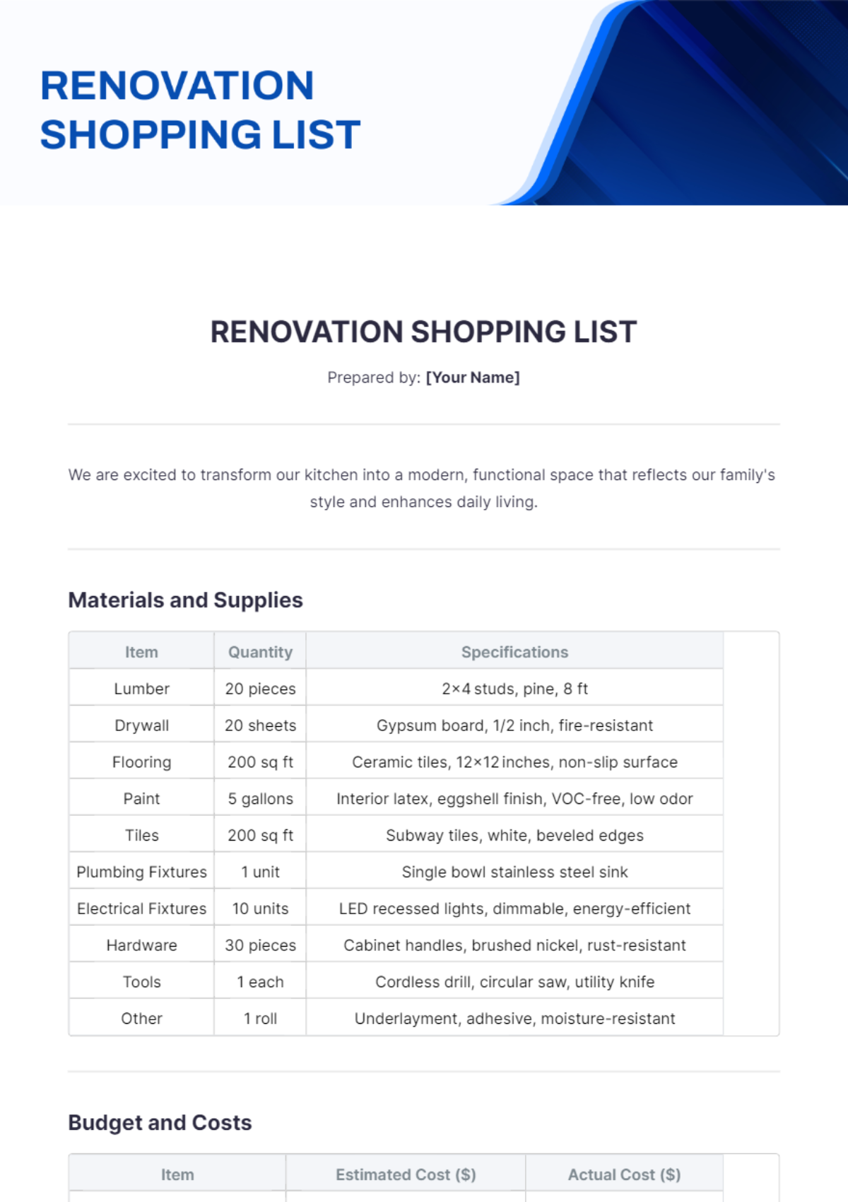 Renovation Shopping List Template - Edit Online & Download