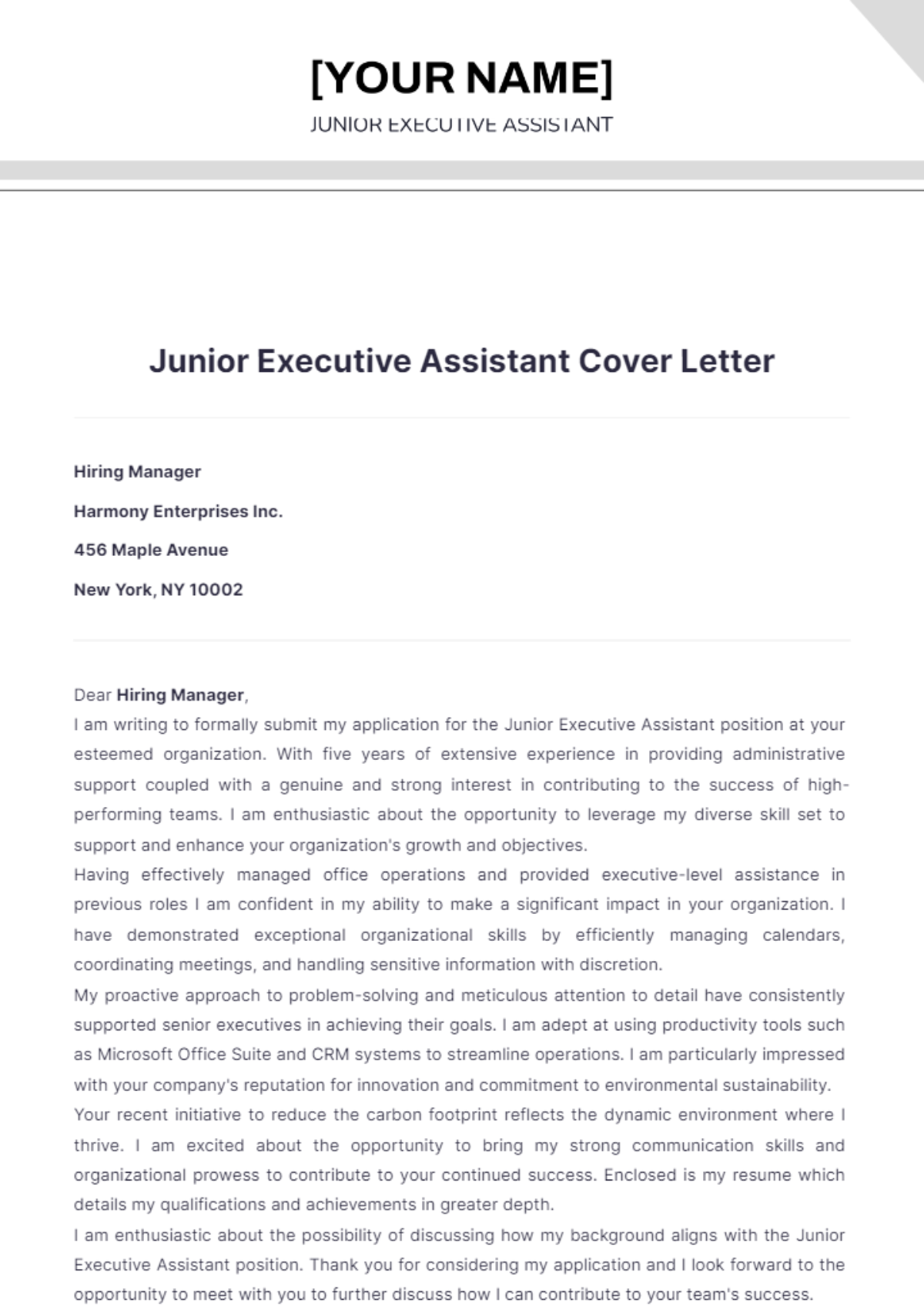 junior executive assistant cover letter