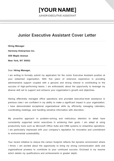 Free Junior Executive Assistant Cover Letter to Edit Online