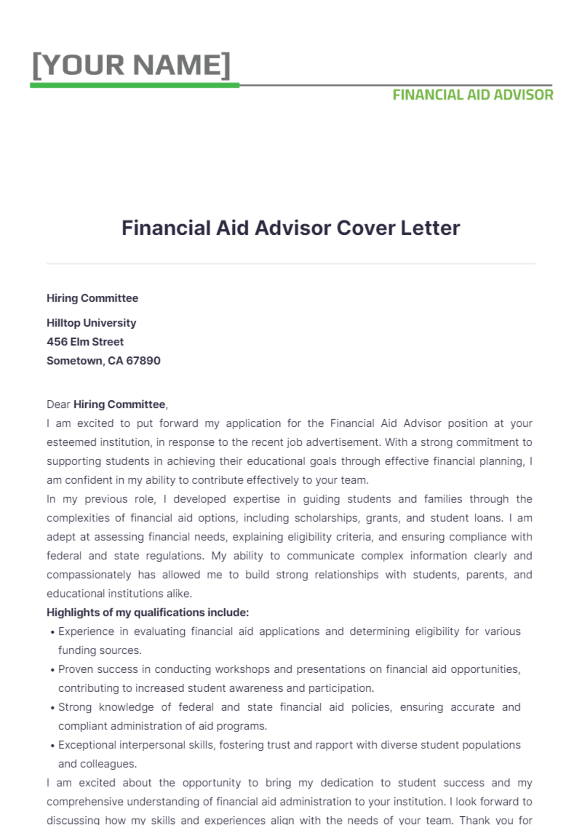 Financial Aid Advisor Cover Letter