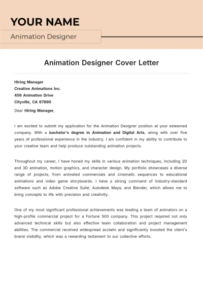 Free Animation Designer Cover Letter to Edit Online