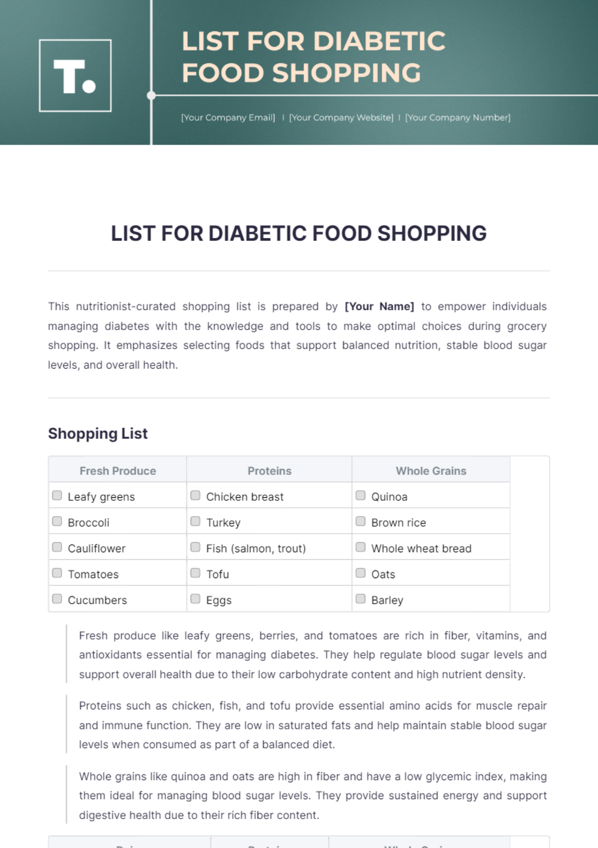 List For Diabetic Food Shopping Template