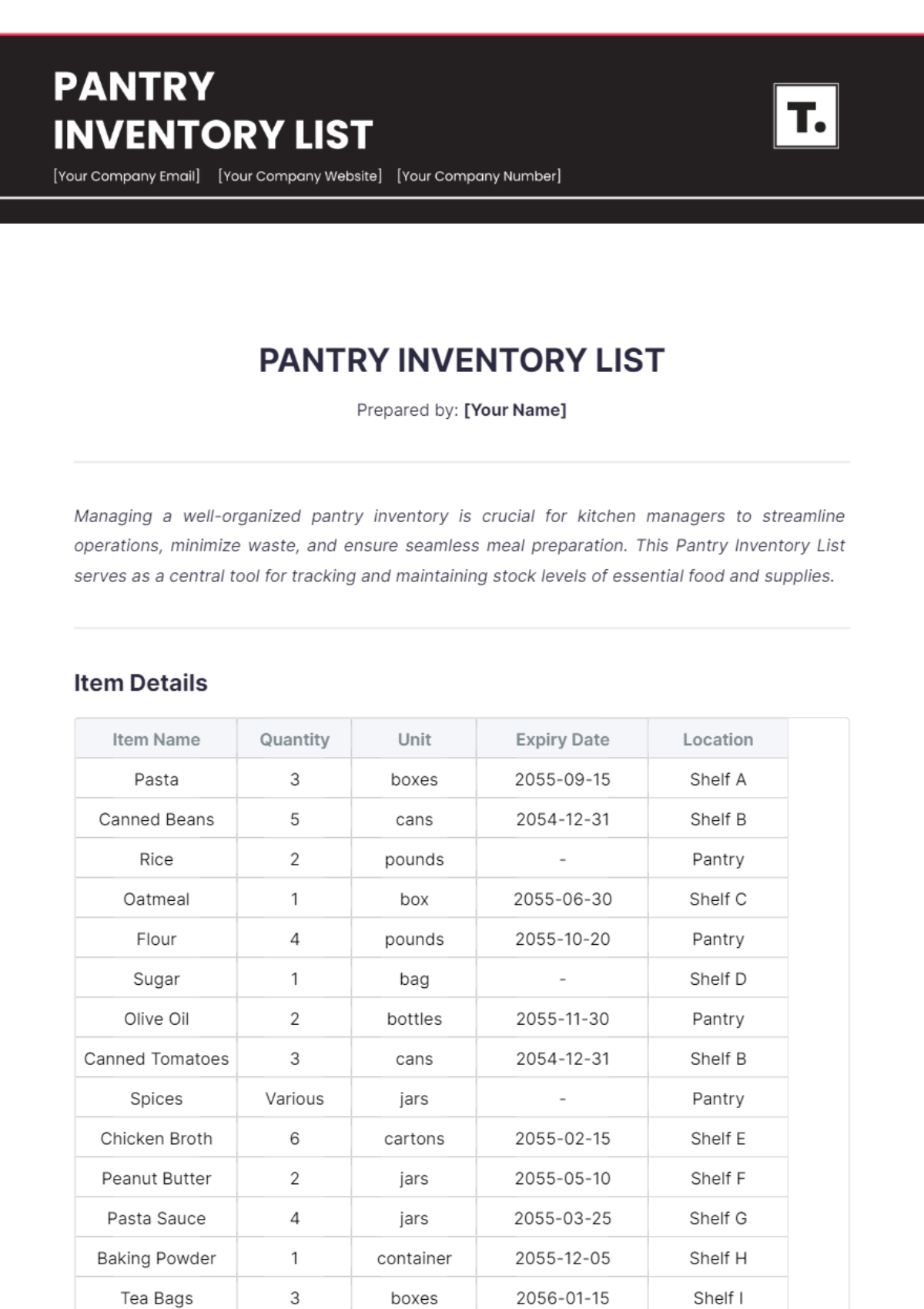 Pantry Inventory List Template - Edit Online & Download