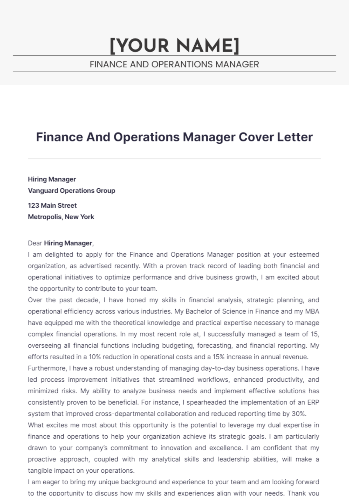 Finance And Operations Manager Cover Letter - Edit Online & Download