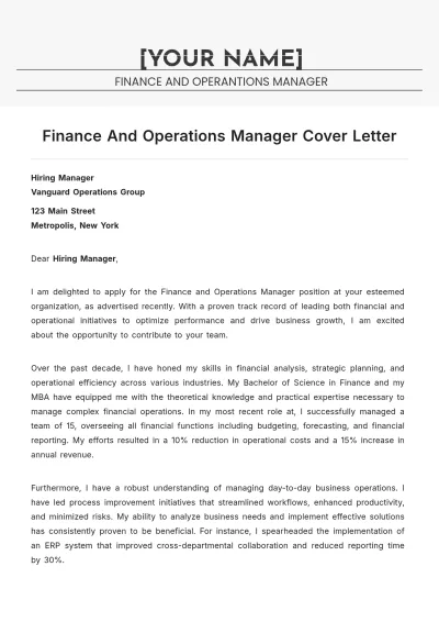 Free Finance And Operations Manager Cover Letter to Edit Online