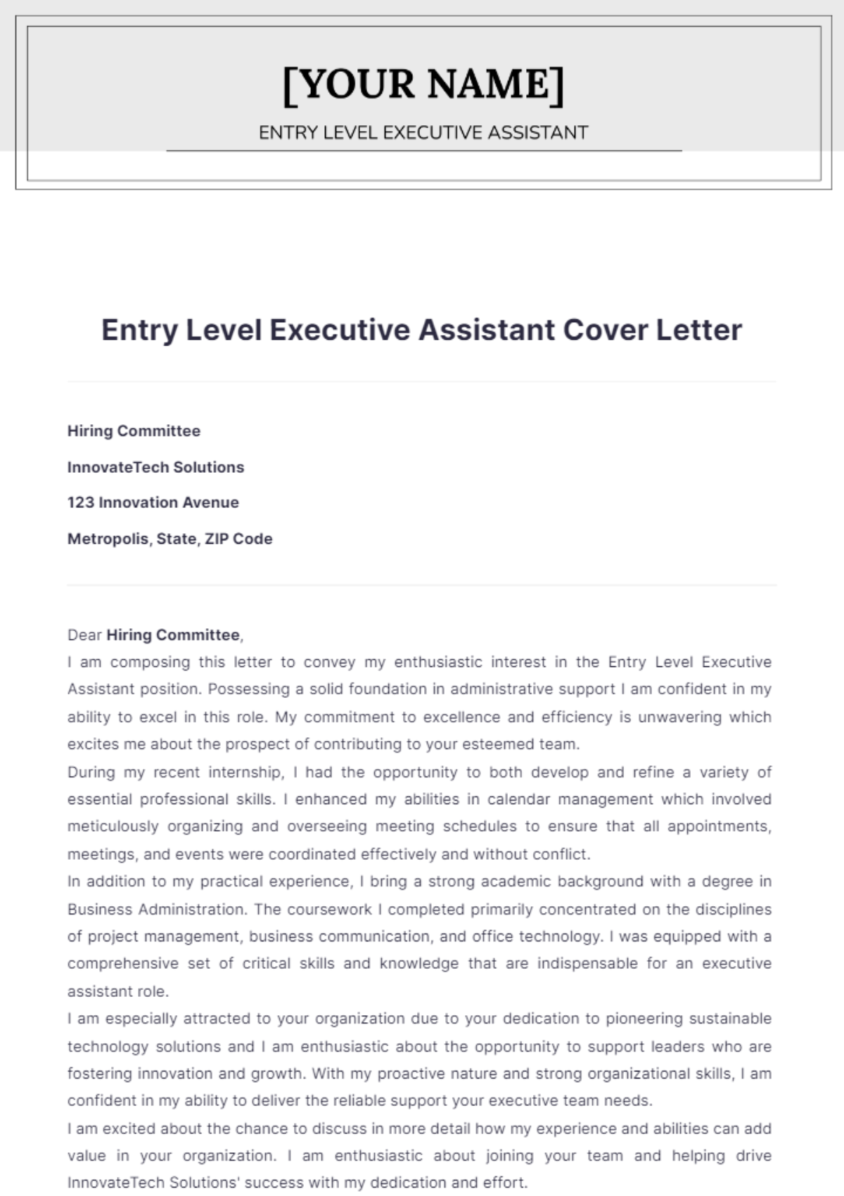 Entry Level Executive Assistant Cover Letter - Edit Online & Download