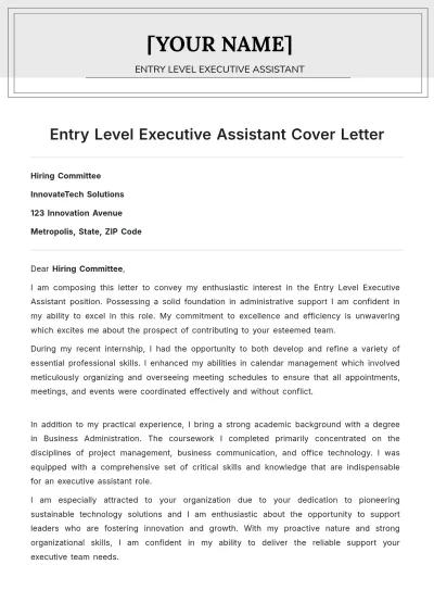 Free Entry Level Executive Assistant Cover Letter to Edit Online