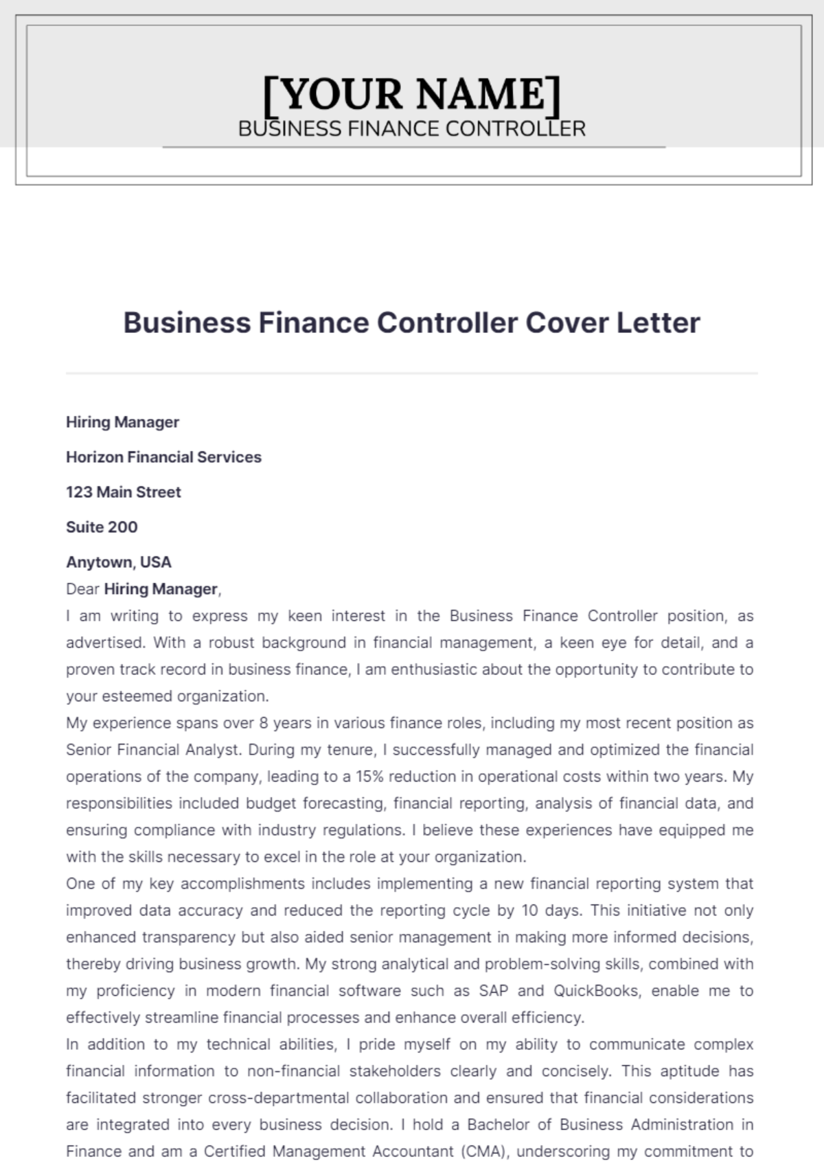 Business Finance Controller Cover Letter - Edit Online & Download