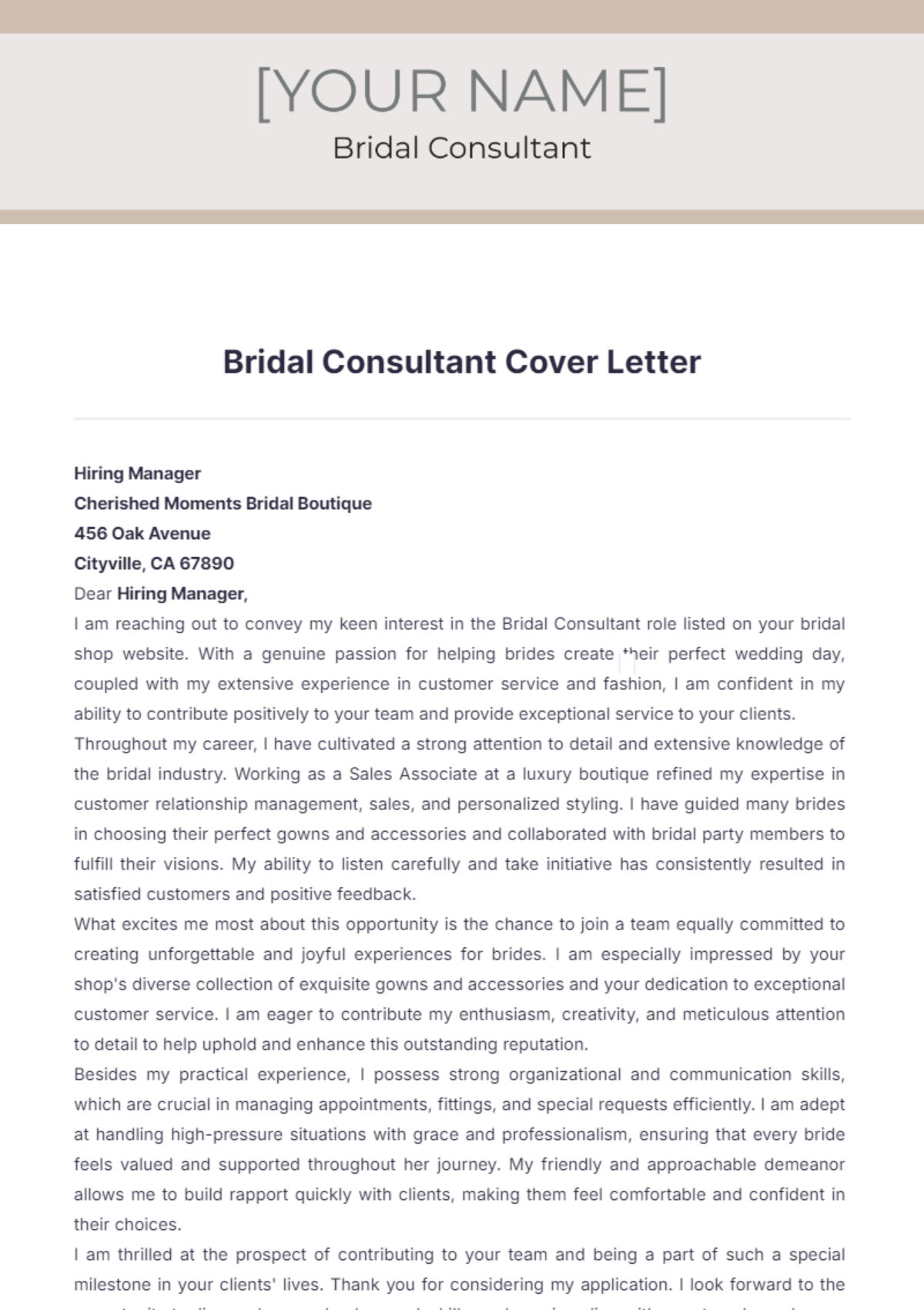 Bridal Consultant Cover Letter - Edit Online & Download