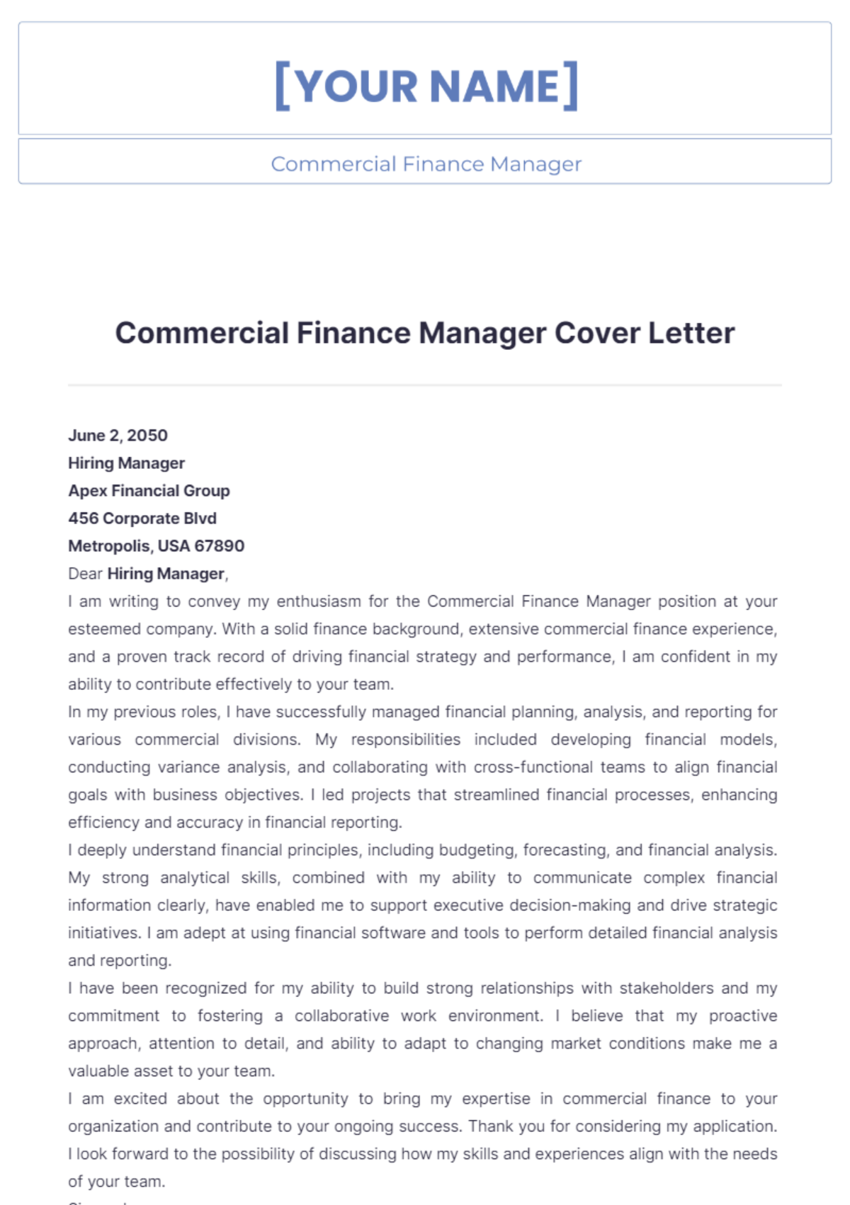 Commercial Finance Manager Cover Letter - Edit Online & Download