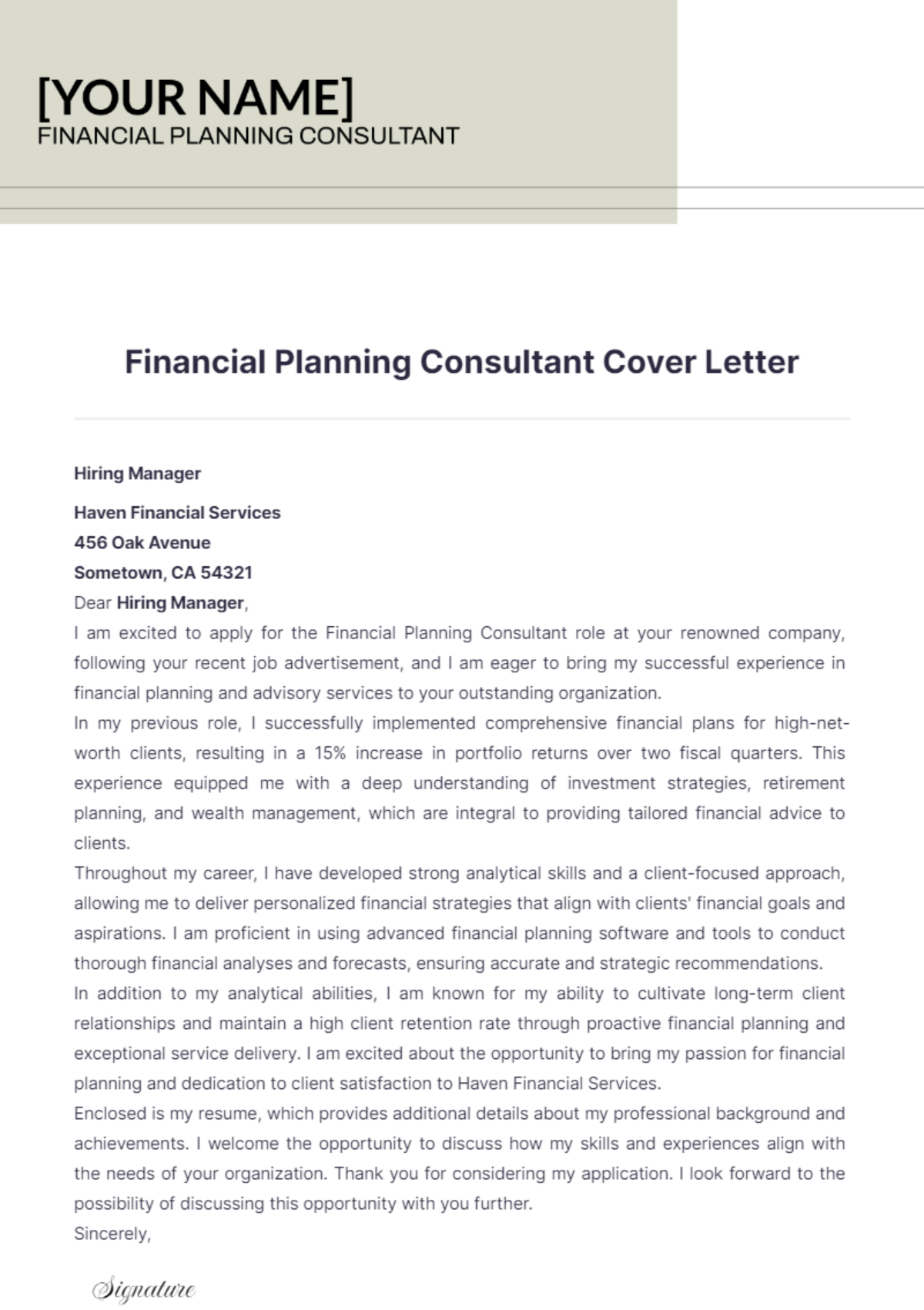 Financial Planning Consultant Cover Letter - Edit Online & Download