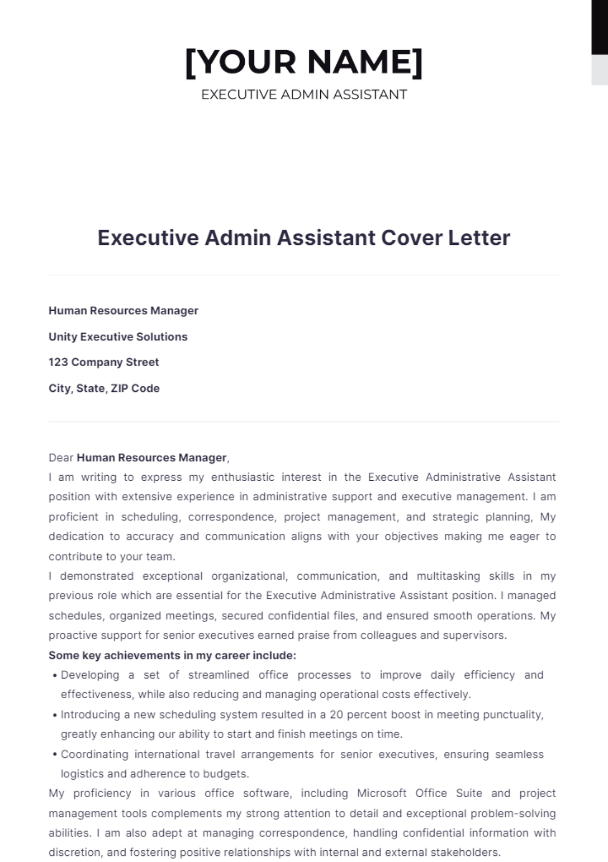 Executive Admin Assistant Cover Letter - Edit Online & Download