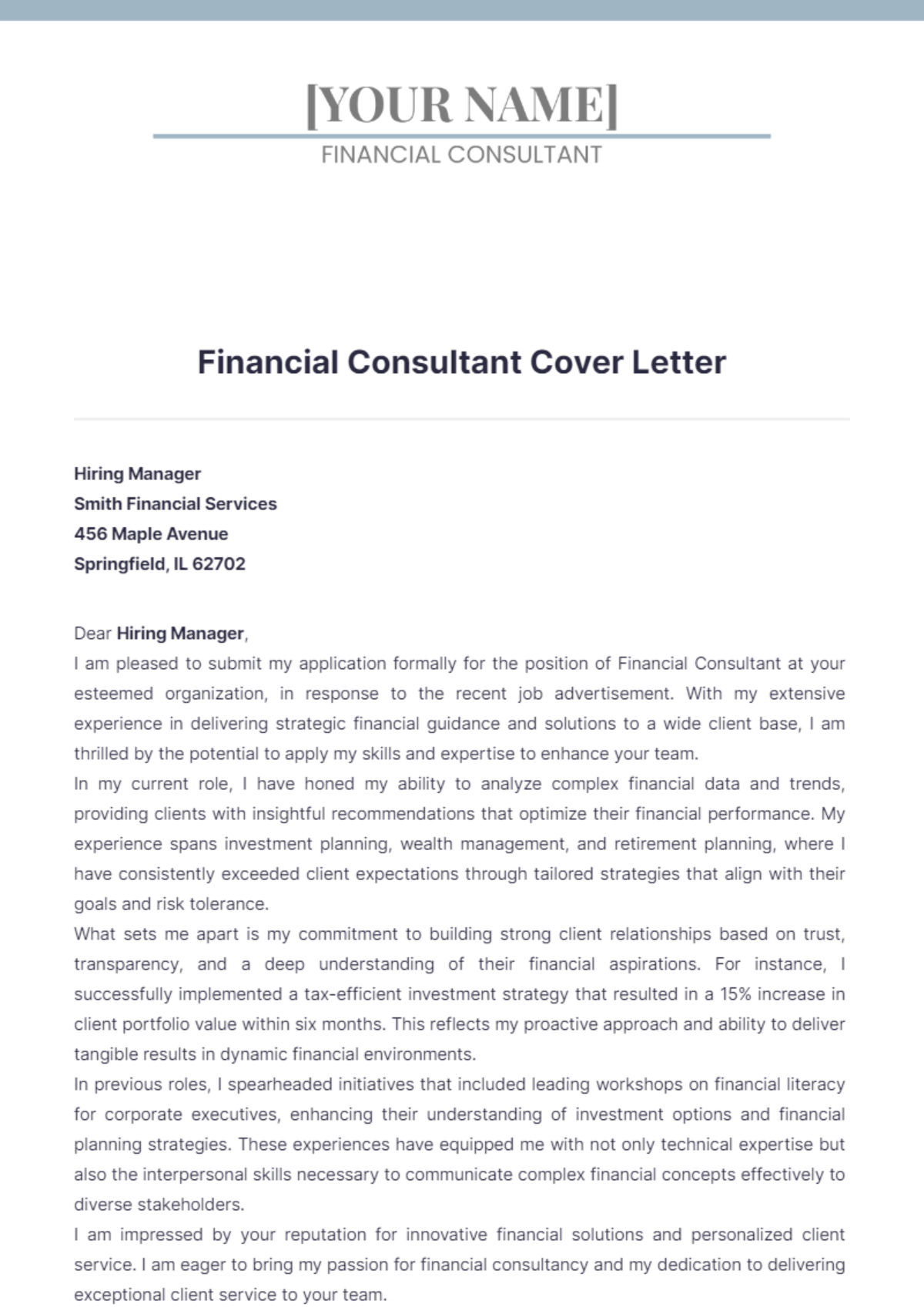 Financial Consultant Cover Letter - Edit Online & Download