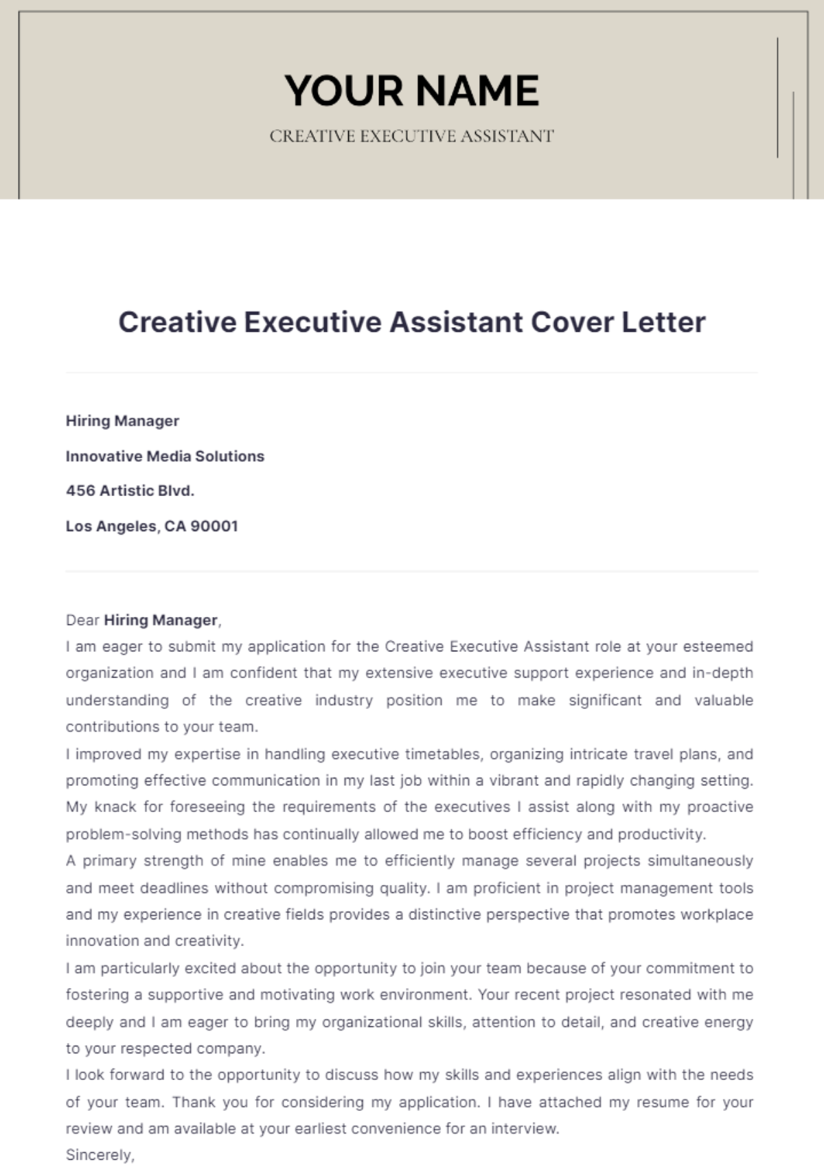 Creative Executive Assistant Cover Letter - Edit Online & Download