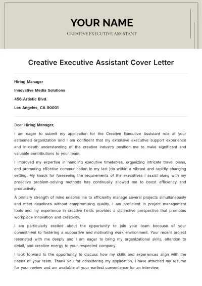 Free Creative Executive Assistant Cover Letter to Edit Online