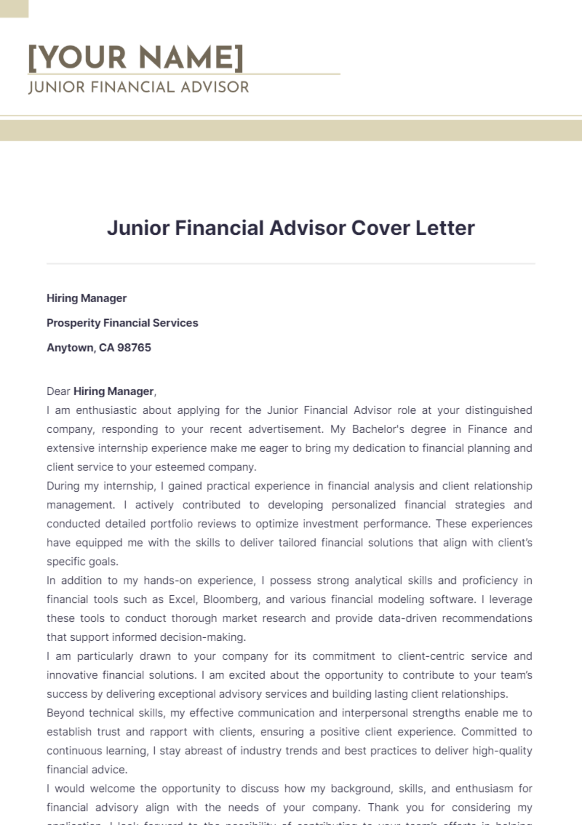 Junior Financial Advisor Cover Letter - Edit Online & Download