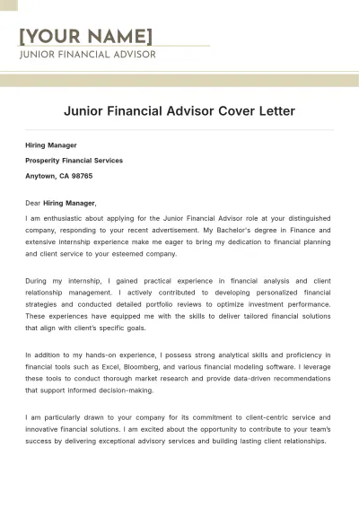 Free Junior Financial Advisor Cover Letter to Edit Online