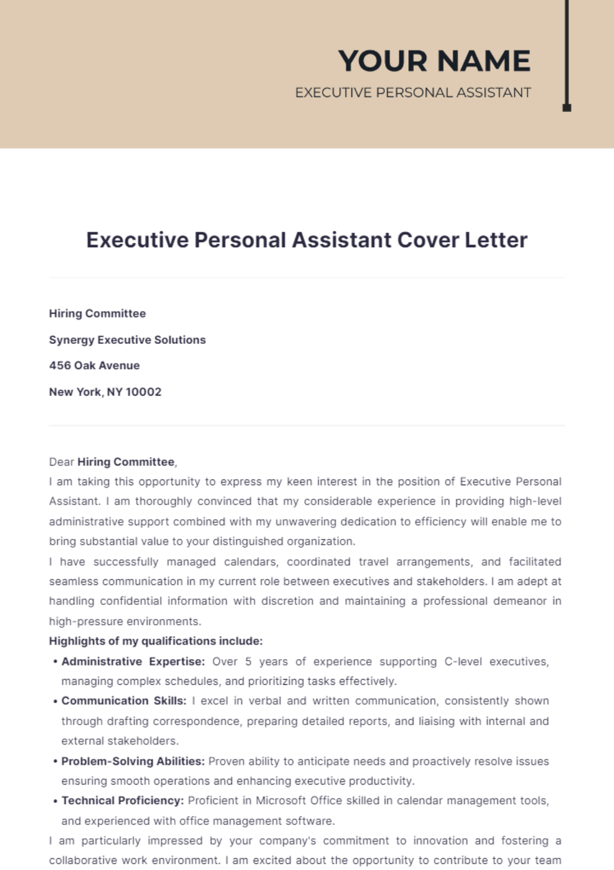 Executive Personal Assistant Cover Letter - Edit Online & Download