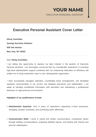 Free Executive Personal Assistant Cover Letter to Edit Online