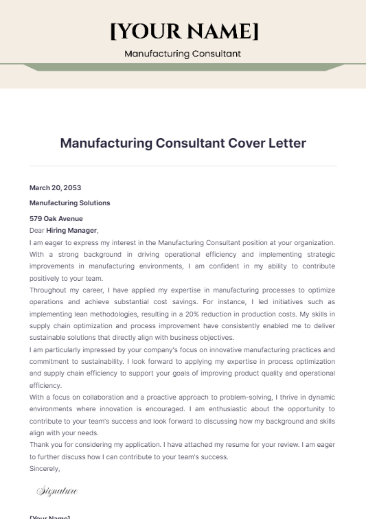 Manufacturing Consultant Cover Letter